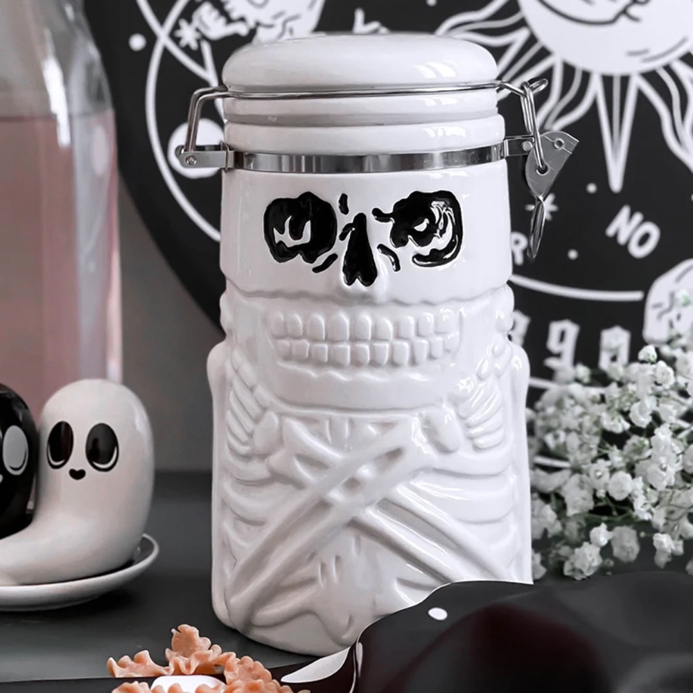 Killstar Skeleton Artifact White Ceramic Hinged Airtight Storage Jar Container